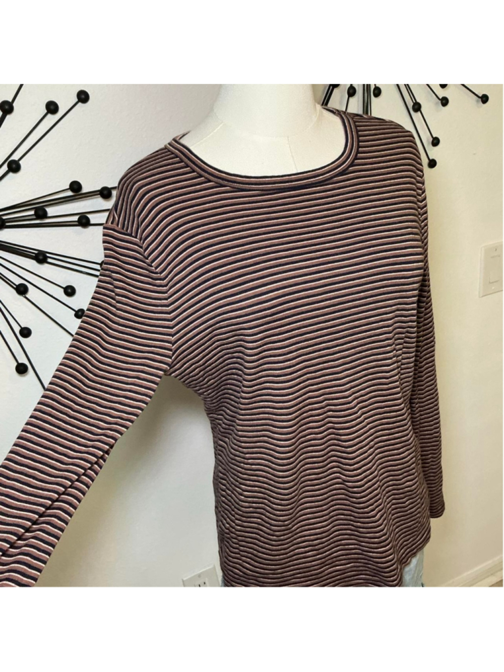 A New Day Brown Navy Striped Long Sleeve Tee Women’s Large Soft Casual Basic - Picture 3 of 4
